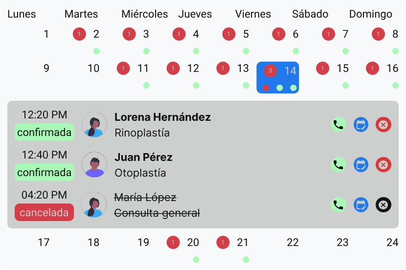 Sección de una página web mostrando el calendario de un de un doctor