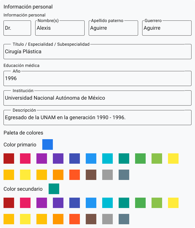 Página web mostrando un formulario con la información de un doctor y un selector de colores